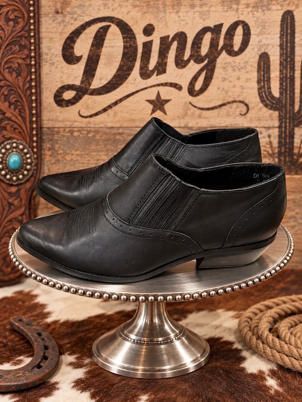 Dingo DI501 Black Leather Western Slip-On Ankle Booties Size 9M